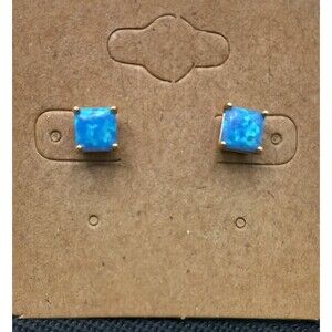 14k Solid Yellow Gold Labcreated Blue Opal Princess Cut Stud Earrings 6mm